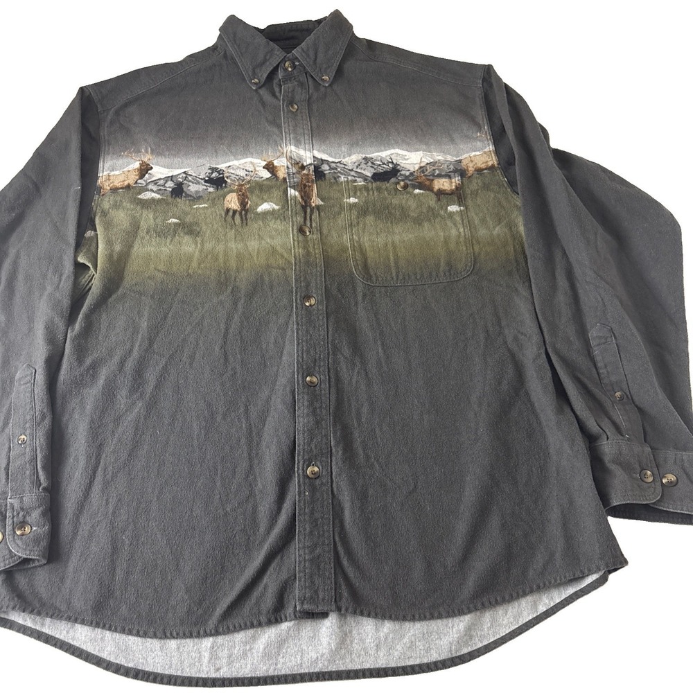 Cabelas Deerskin Soft Chamois Elk Mountain Graphic button down Shirt Gray Mens L